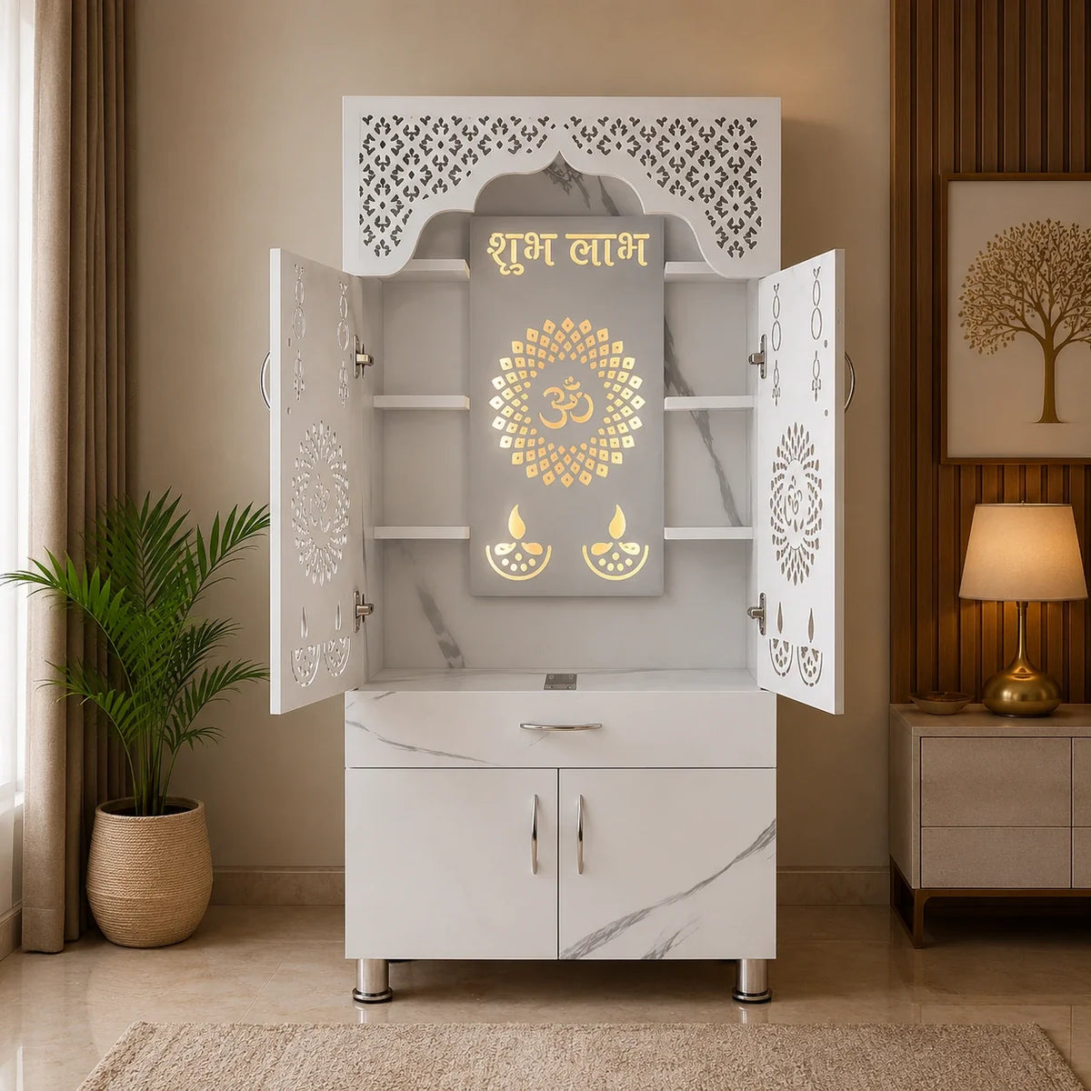 Elegant White Marble Finish Wooden Temple with LED OM Back Panel & Spacious Storage for Home & Office