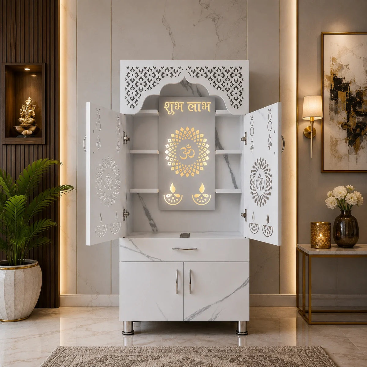 Elegant White Marble Finish Wooden Temple with LED OM Back Panel & Spacious Storage for Home & Office