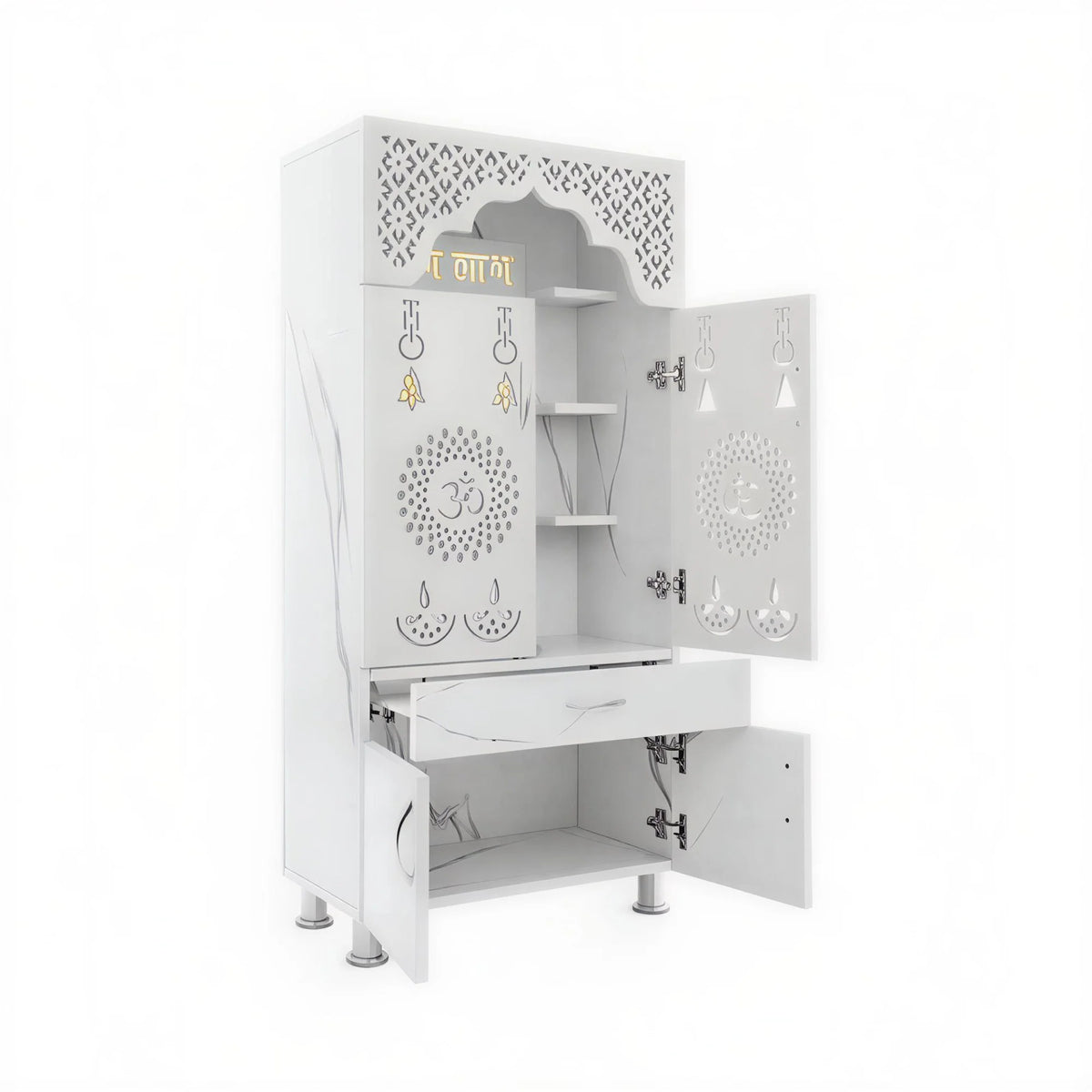 Elegant White Marble Finish Wooden Temple with LED OM Back Panel & Spacious Storage for Home & Office