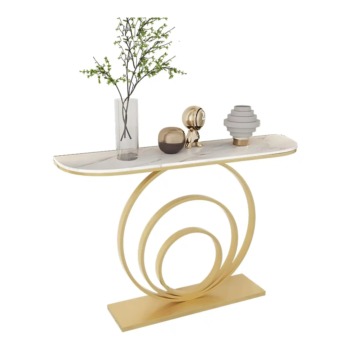 Elegant White Marble Top Console Table with Sculptural Gold Rings