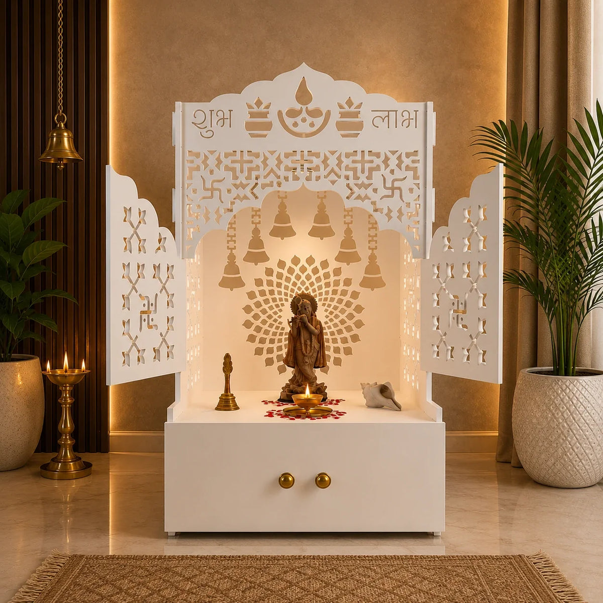 Elegant White Wooden Floor Pooja Mandir with Laser-Cut Doors Shubh Labh Design & Storage Cabinet