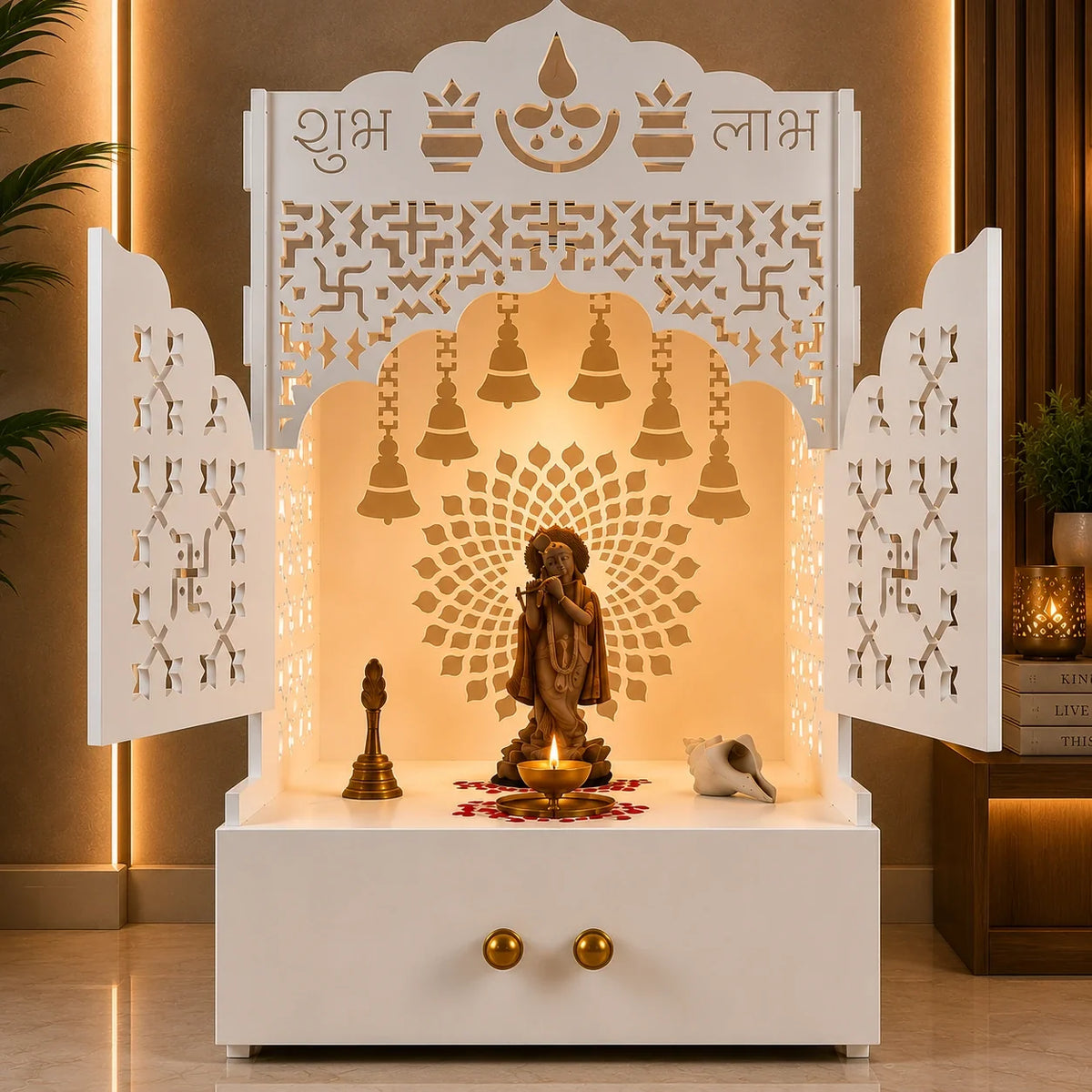 Elegant White Wooden Floor Pooja Mandir with Laser-Cut Doors Shubh Labh Design & Storage Cabinet