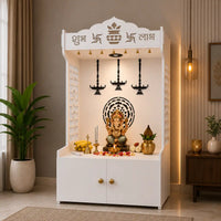 Elegant Wooden Floor Pooja Mandir with Laser-Cut Design with Storage Cabinet