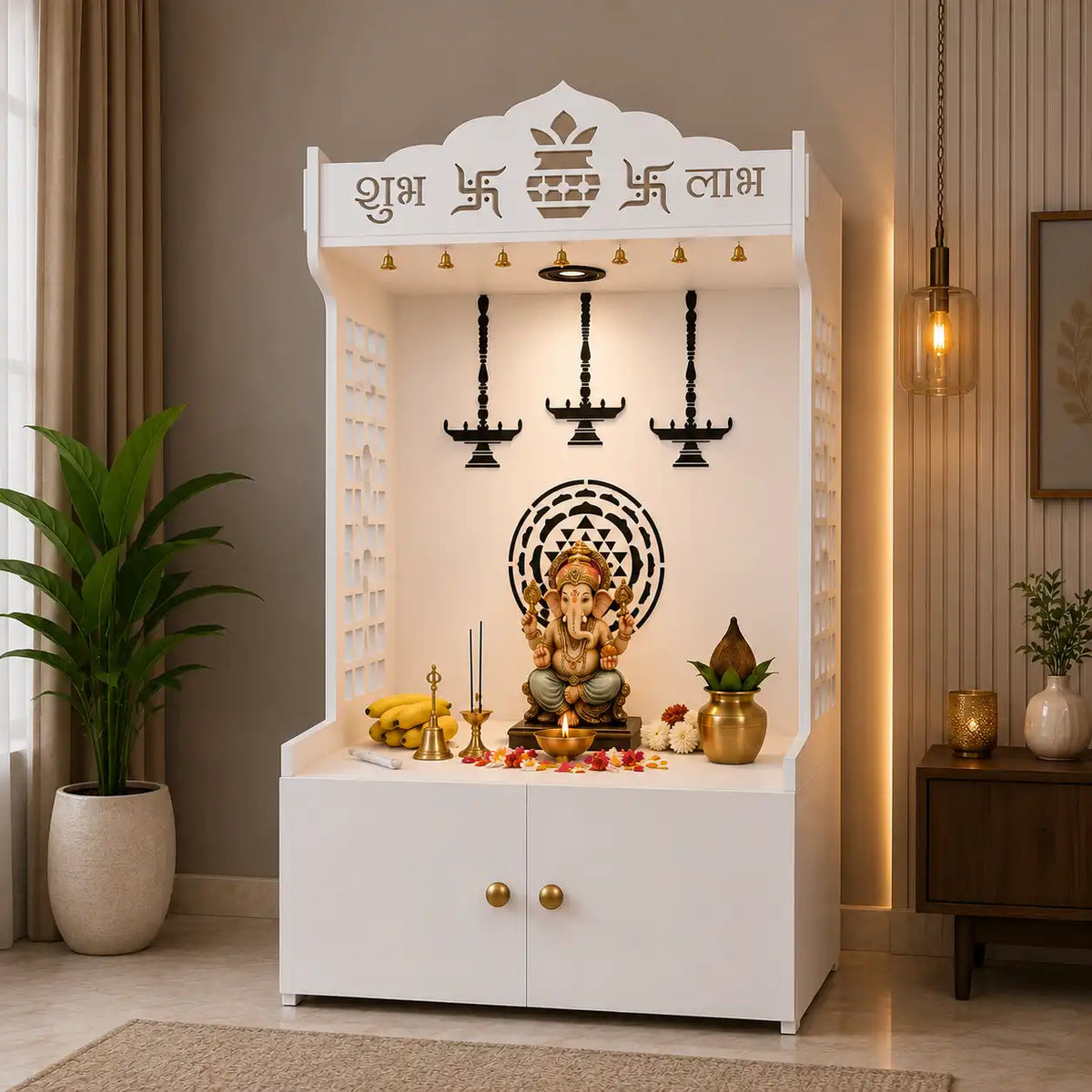 Elegant Wooden Floor Pooja Mandir with Laser-Cut Design with Storage Cabinet