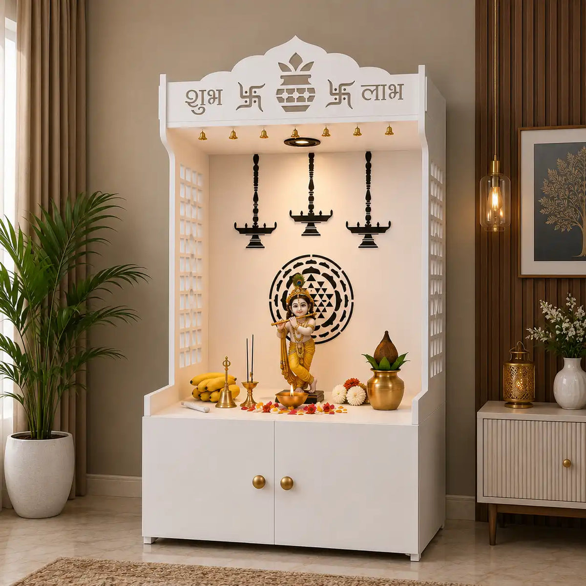 Elegant Wooden Floor Pooja Mandir with Laser-Cut Design with Storage Cabinet