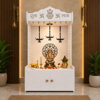 Elegant Wooden Floor Pooja Mandir with Laser-Cut Design with Storage Cabinet