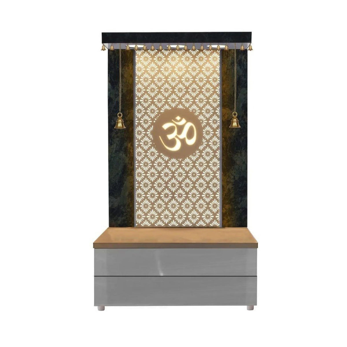 Elegant Wooden Temple with Om Cutwork and Dual Storage Drawers
