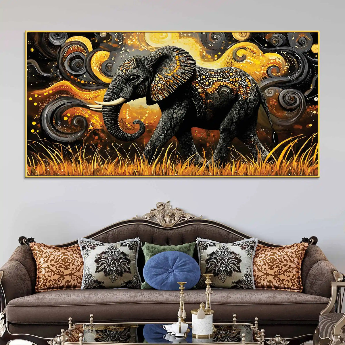 Elephant of Prosperity Walking in Golden Fields Psychedelic Canvas Wall Painting