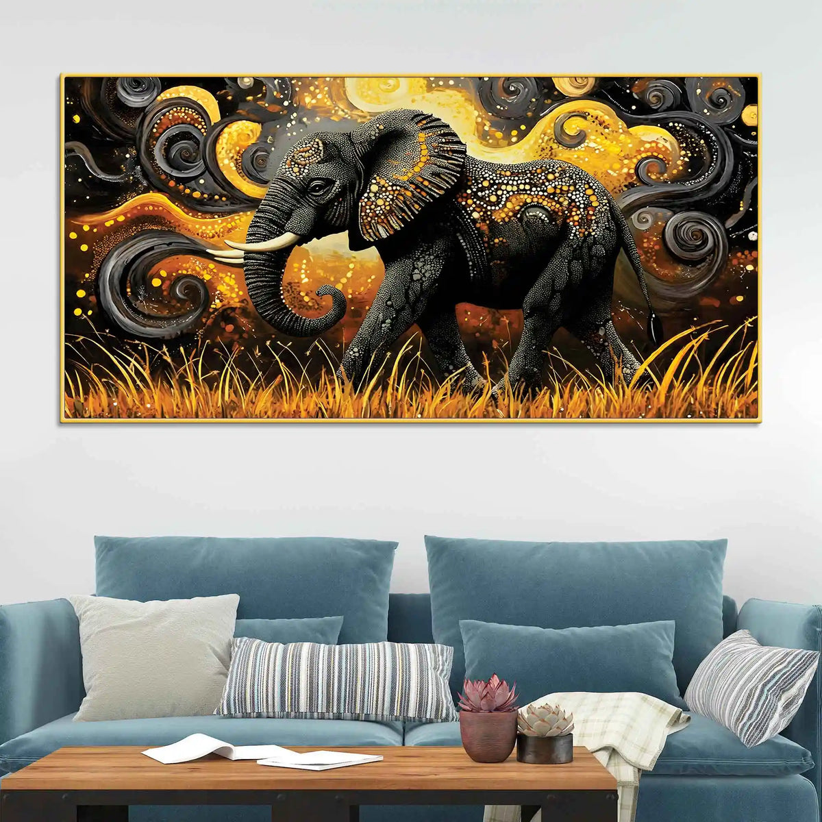 Elephant of Prosperity Walking in Golden Fields Psychedelic Canvas Wall Painting