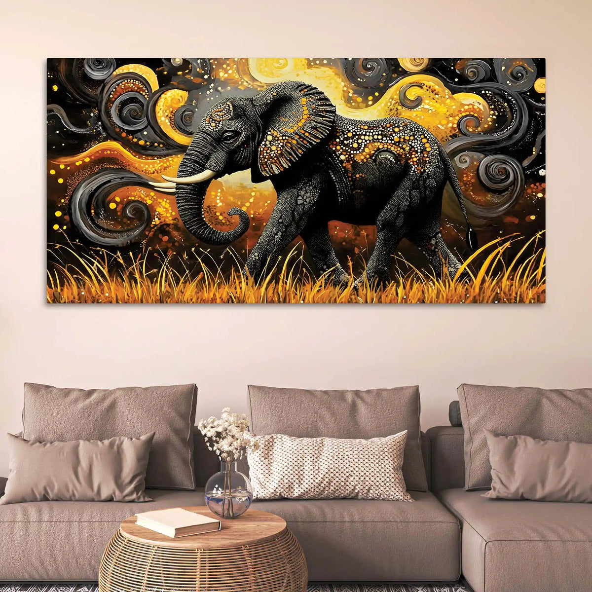 Elephant of Prosperity Walking in Golden Fields Psychedelic Canvas Wall Painting