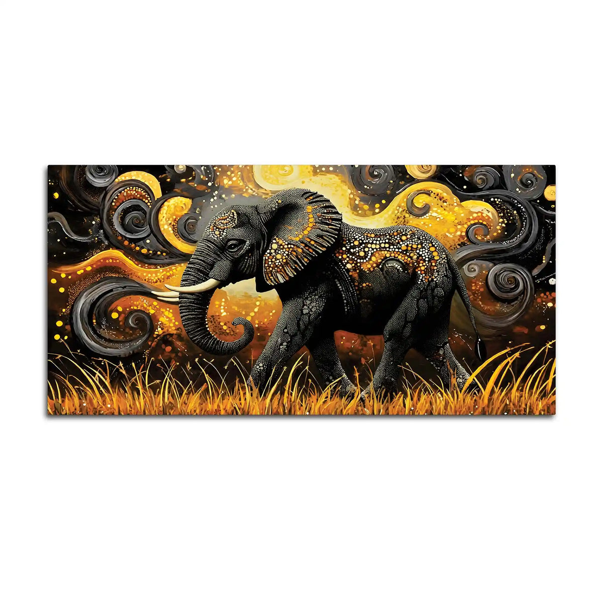 Elephant of Prosperity Walking in Golden Fields Psychedelic Canvas Wall Painting