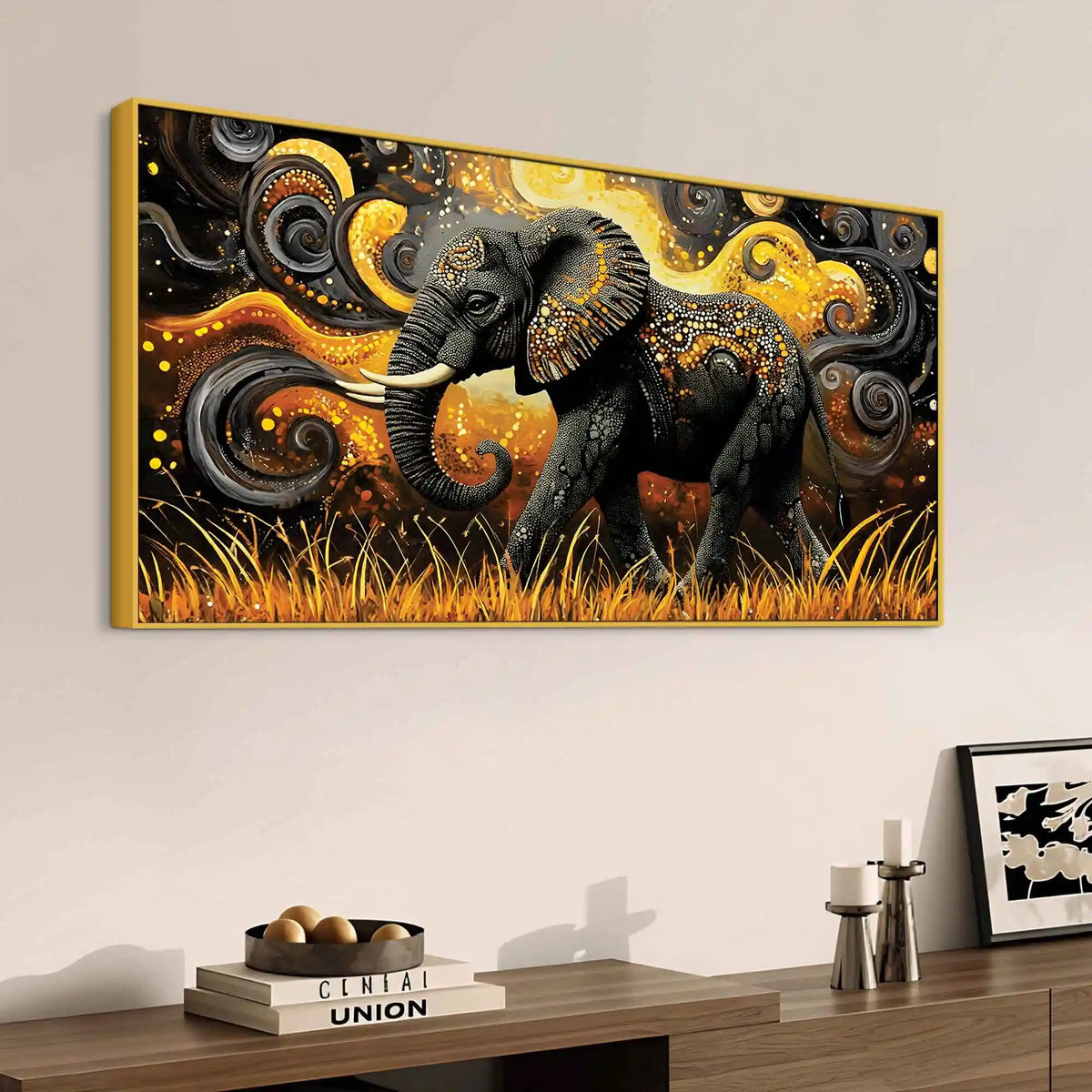 Elephant of Prosperity Walking in Golden Fields Psychedelic Canvas Wall Painting