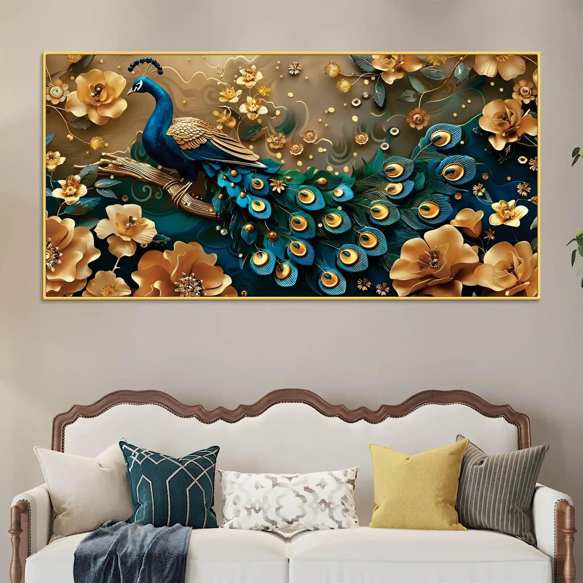 Eloquent Royal Peacock in Golden Blossom Garden Premium Canvas Wall Painting