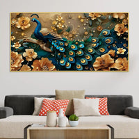 Eloquent Royal Peacock in Golden Blossom Garden Premium Canvas Wall Painting