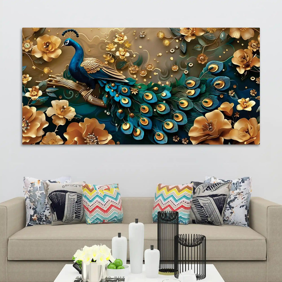 Eloquent Royal Peacock in Golden Blossom Garden Premium Canvas Wall Painting