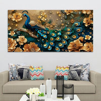 Eloquent Royal Peacock in Golden Blossom Garden Premium Canvas Wall Painting