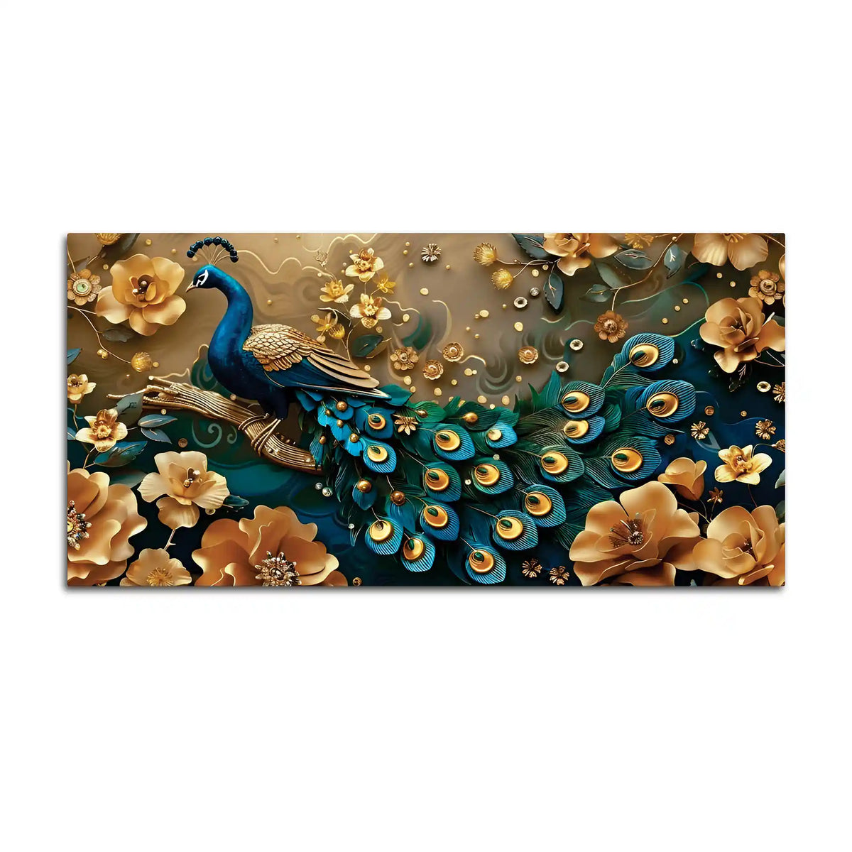 Eloquent Royal Peacock in Golden Blossom Garden Premium Canvas Wall Painting