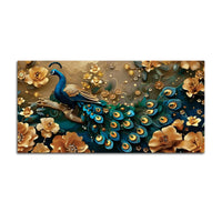 Eloquent Royal Peacock in Golden Blossom Garden Premium Canvas Wall Painting
