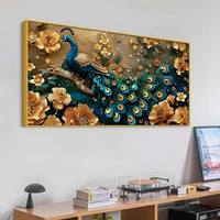 Eloquent Royal Peacock in Golden Blossom Garden Premium Canvas Wall Painting