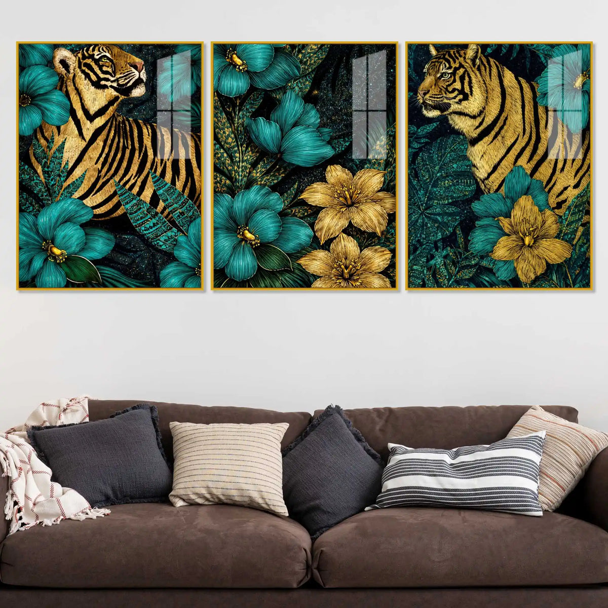 Emerald Garden Tigers Acrylic Floating Frame Wall Painting Set of 3