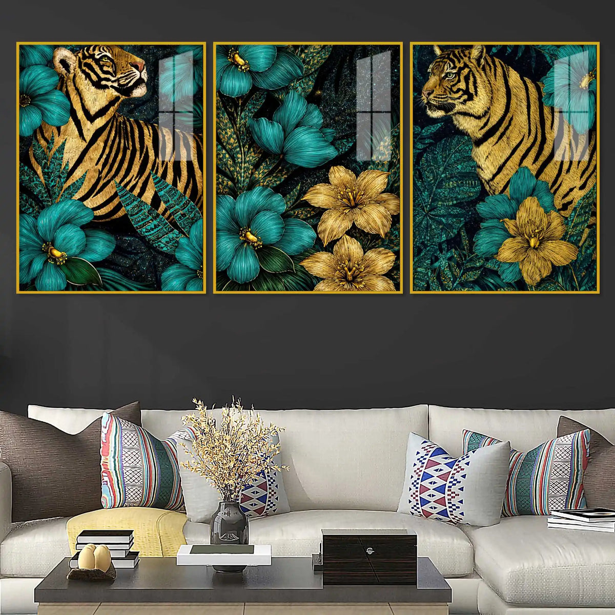 Emerald Garden Tigers Acrylic Floating Frame Wall Painting Set of 3
