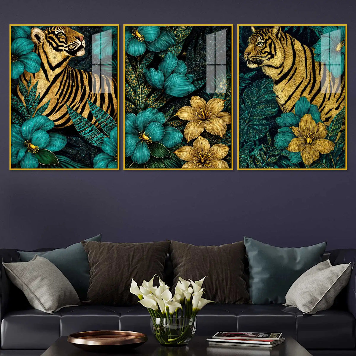 Emerald Garden Tigers Acrylic Floating Frame Wall Painting Set of 3