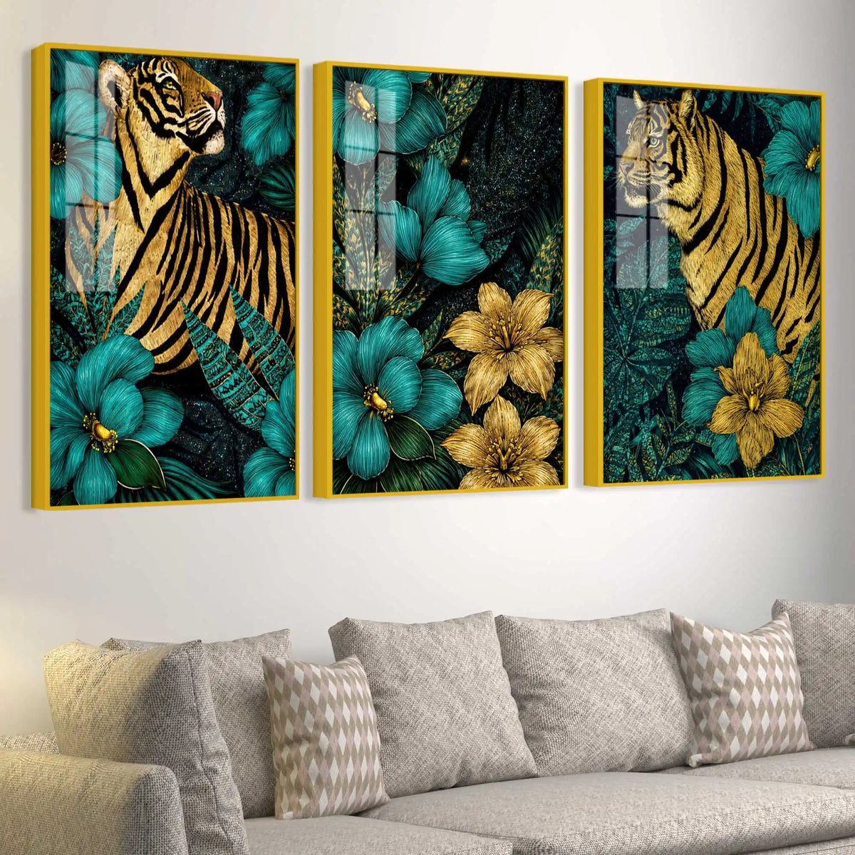 Emerald Garden Tigers Acrylic Floating Frame Wall Painting Set of 3