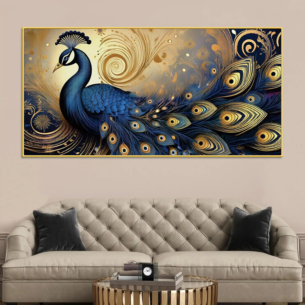 Enchanted Peacock Surrounded by Waves of Gold Canvas Wall Painting