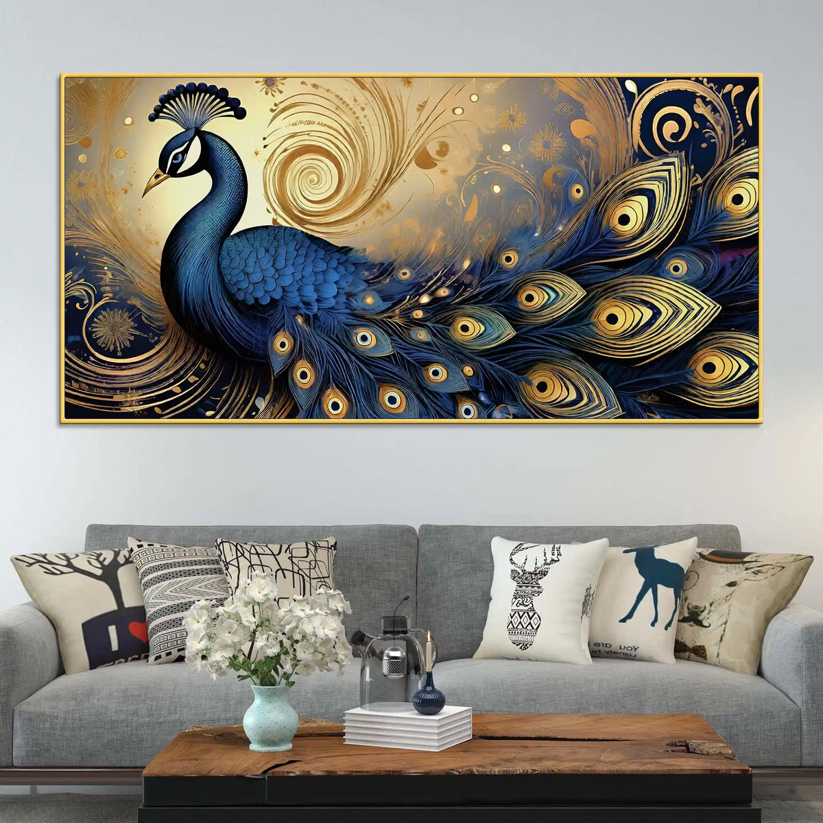 Enchanted Peacock Surrounded by Waves of Gold Canvas Wall Painting