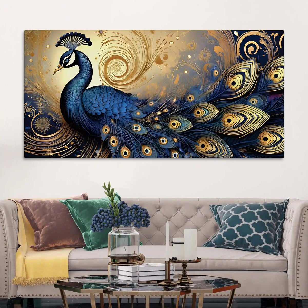 Enchanted Peacock Surrounded by Waves of Gold Canvas Wall Painting