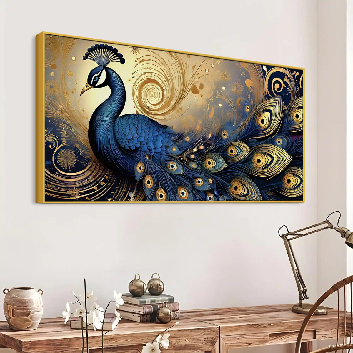 Enchanted Peacock Surrounded by Waves of Gold Canvas Wall Painting