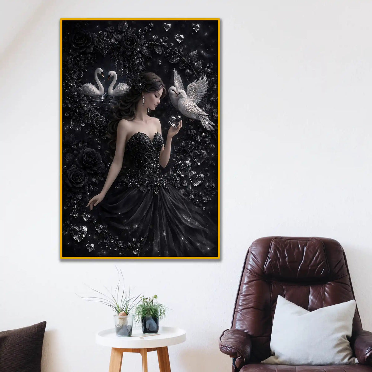 Enchanted Swan Princess Floating Frame Crystal Wall Painting