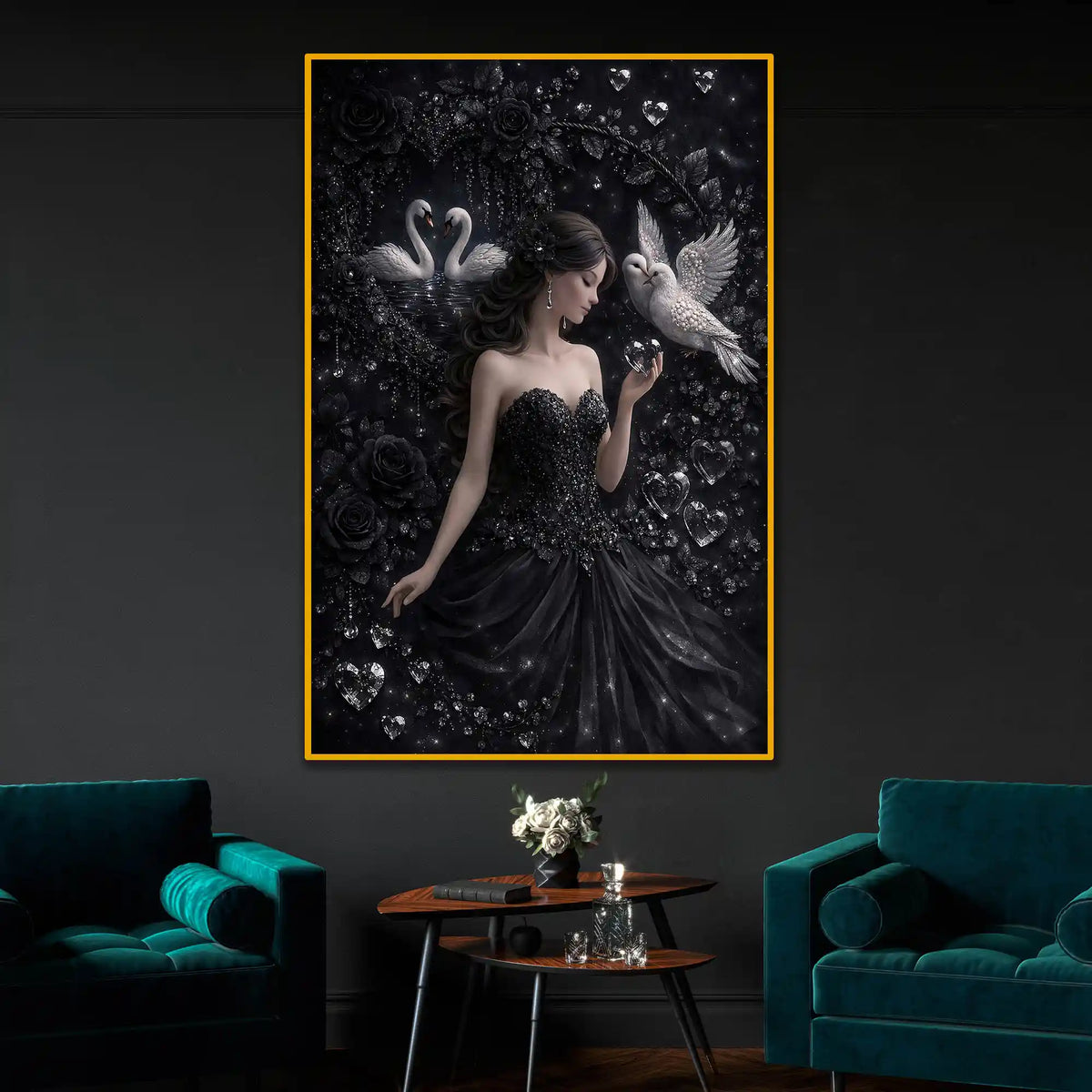 Enchanted Swan Princess Floating Frame Crystal Wall Painting