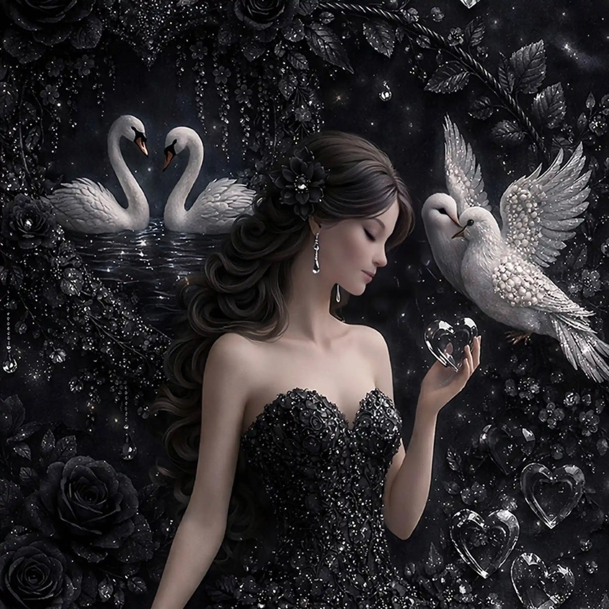 Enchanted Swan Princess Floating Frame Crystal Wall Painting
