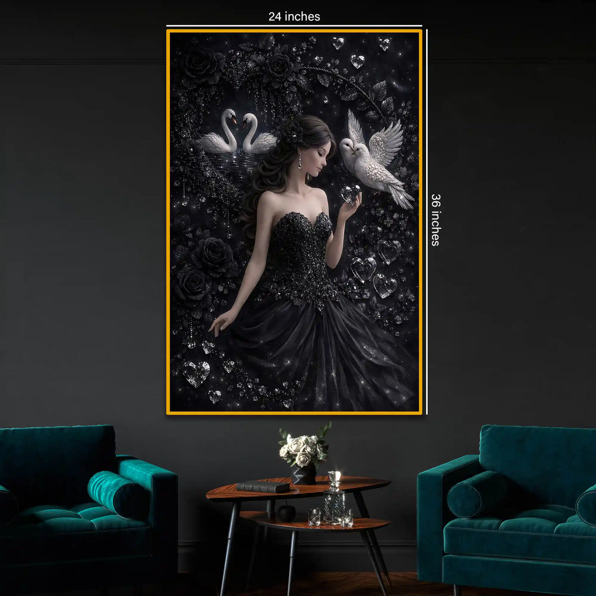 Enchanted Swan Princess Floating Frame Crystal Wall Painting