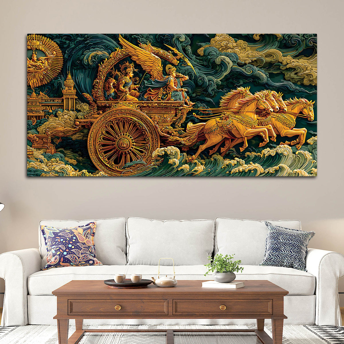 Epic Mahabharata War Scene Krishna Arjuna Painting