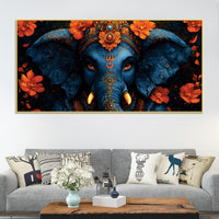 Eternal Indigo Lord Ganpati In Divine Floral Aura Premium Canvas Wall Painting for Home & Office – Modern Spiritual Wall Decor