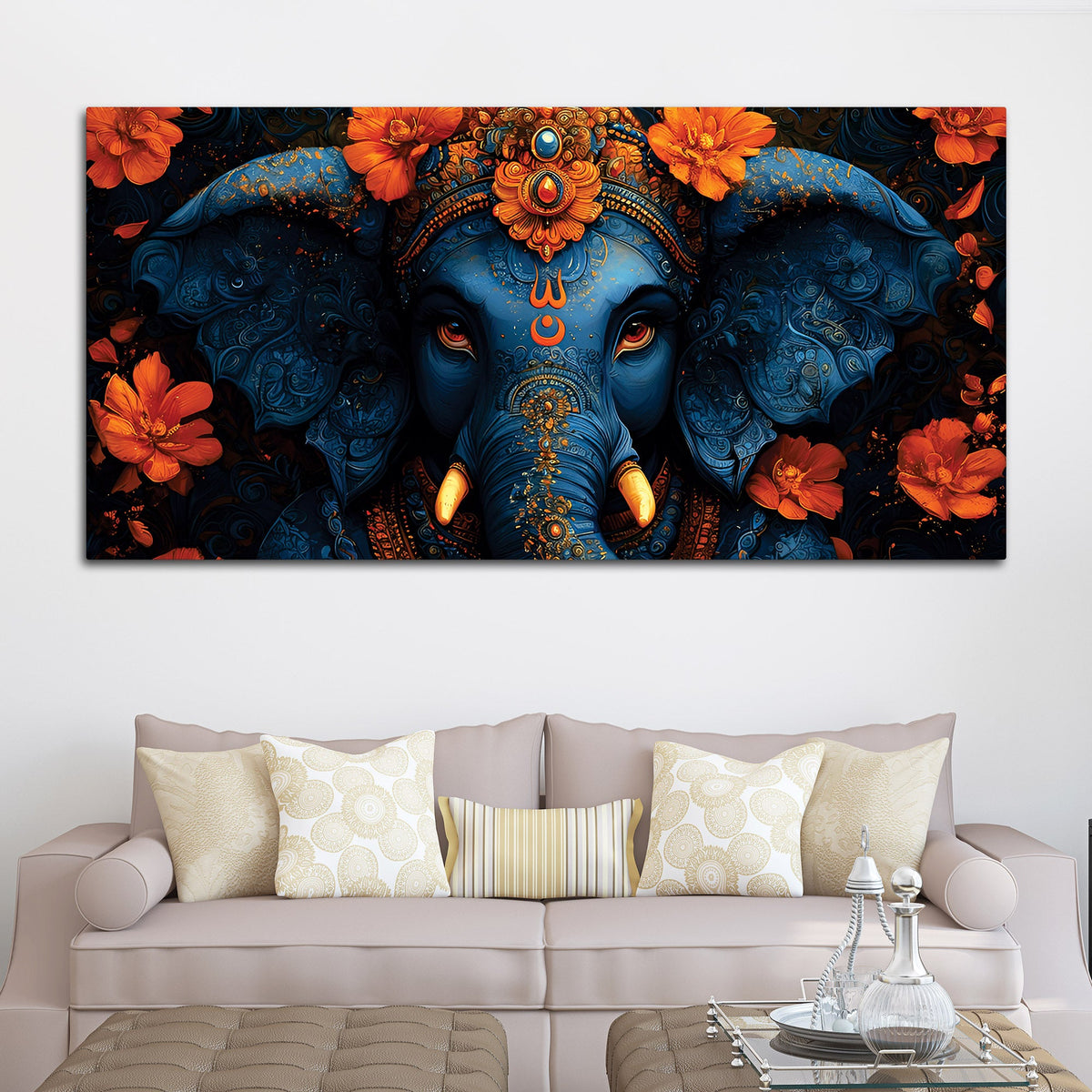 Eternal Indigo Lord Ganpati In Divine Floral Aura Premium Canvas Wall Painting for Home & Office – Modern Spiritual Wall Decor