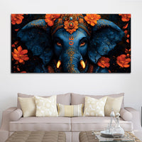 Eternal Indigo Lord Ganpati In Divine Floral Aura Premium Canvas Wall Painting for Home & Office – Modern Spiritual Wall Decor