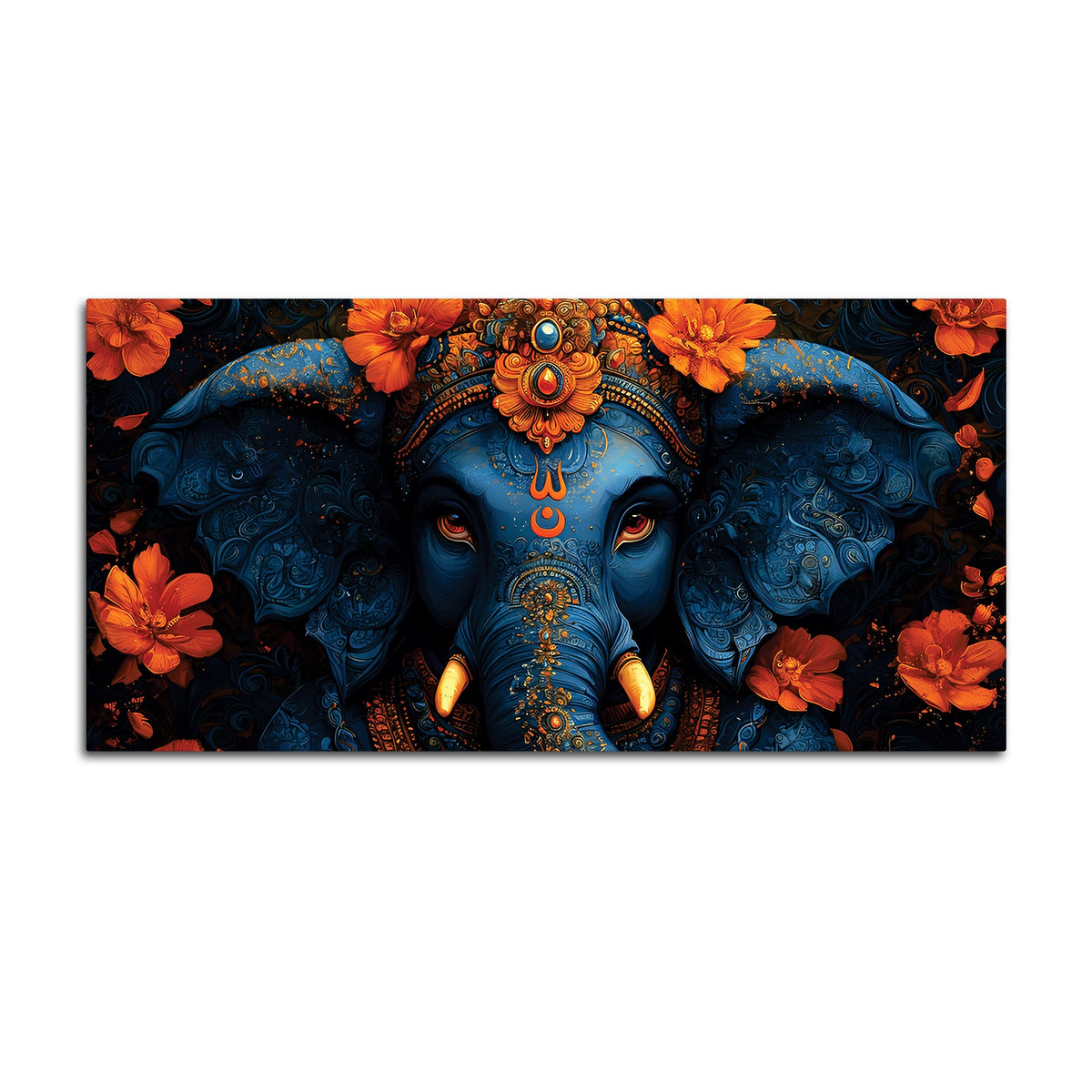Eternal Indigo Lord Ganpati In Divine Floral Aura Premium Canvas Wall Painting for Home & Office – Modern Spiritual Wall Decor