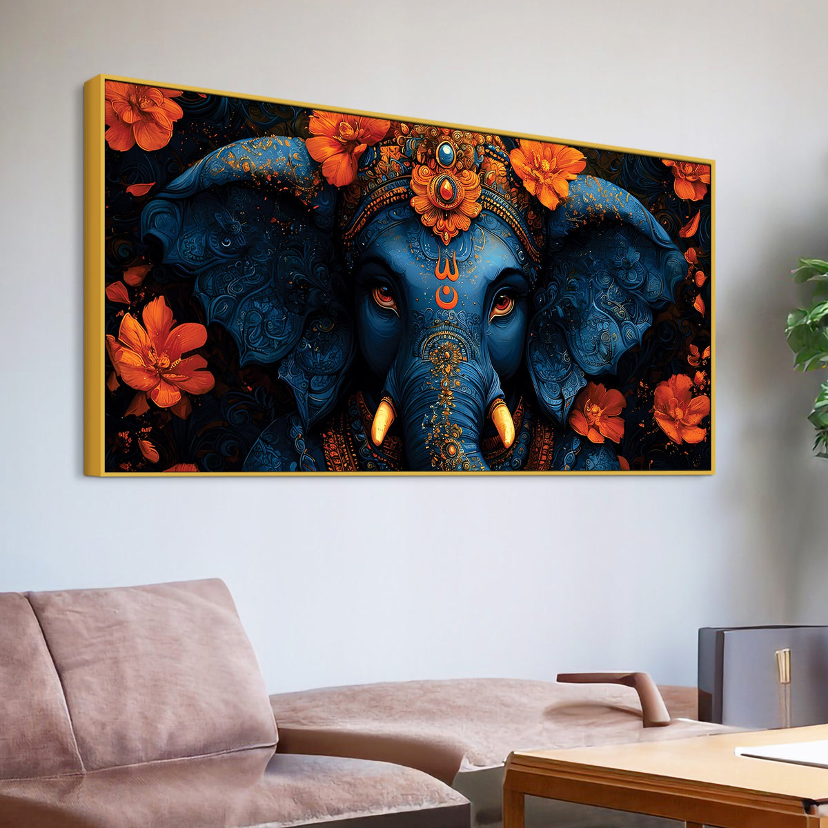 Eternal Indigo Lord Ganpati In Divine Floral Aura Premium Canvas Wall Painting for Home & Office – Modern Spiritual Wall Decor