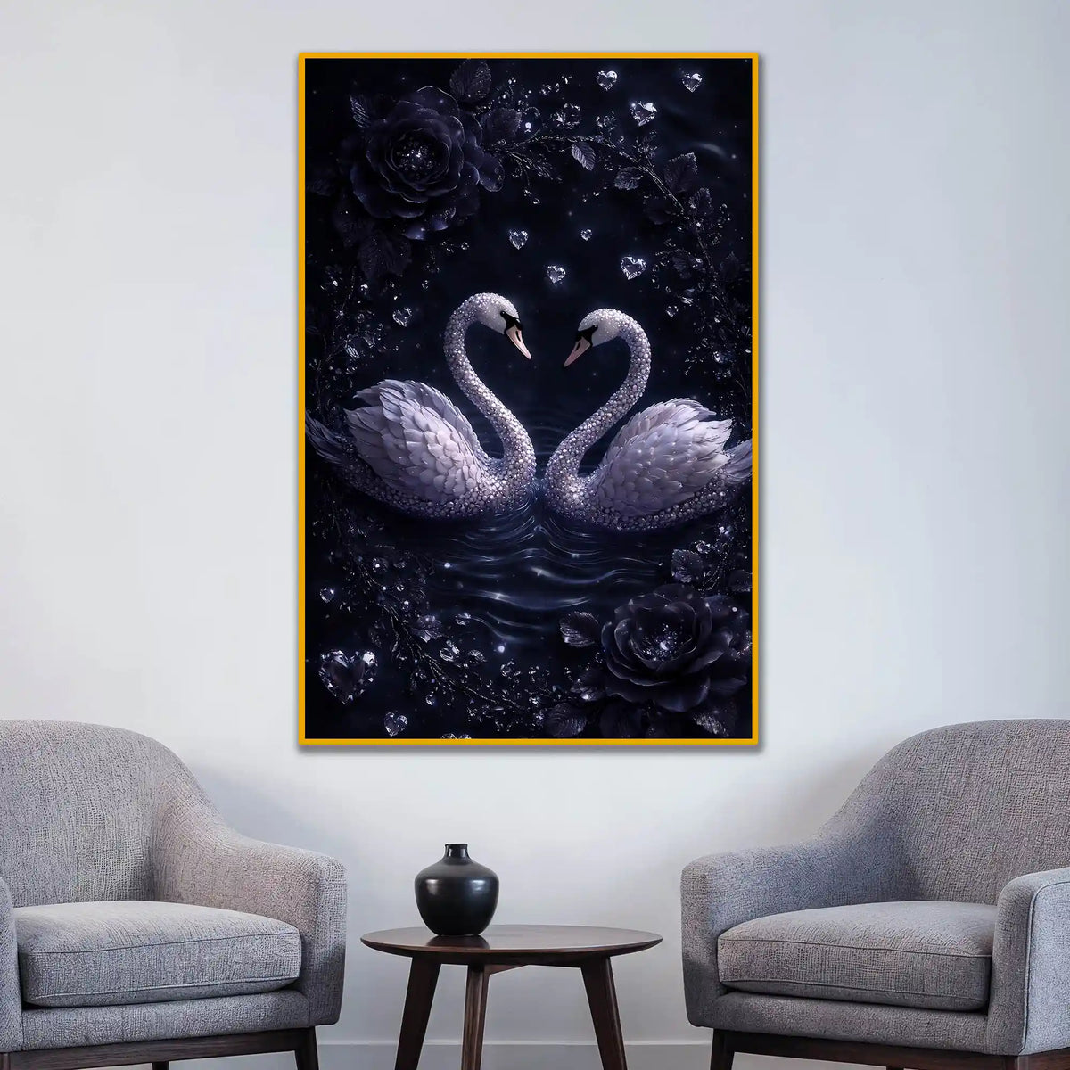 Eternal Love Swan Pair Floating Frame Crystal Wall Painting