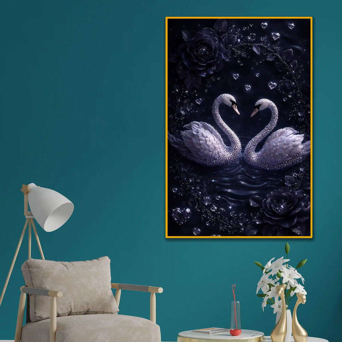 Eternal Love Swan Pair Floating Frame Crystal Wall Painting