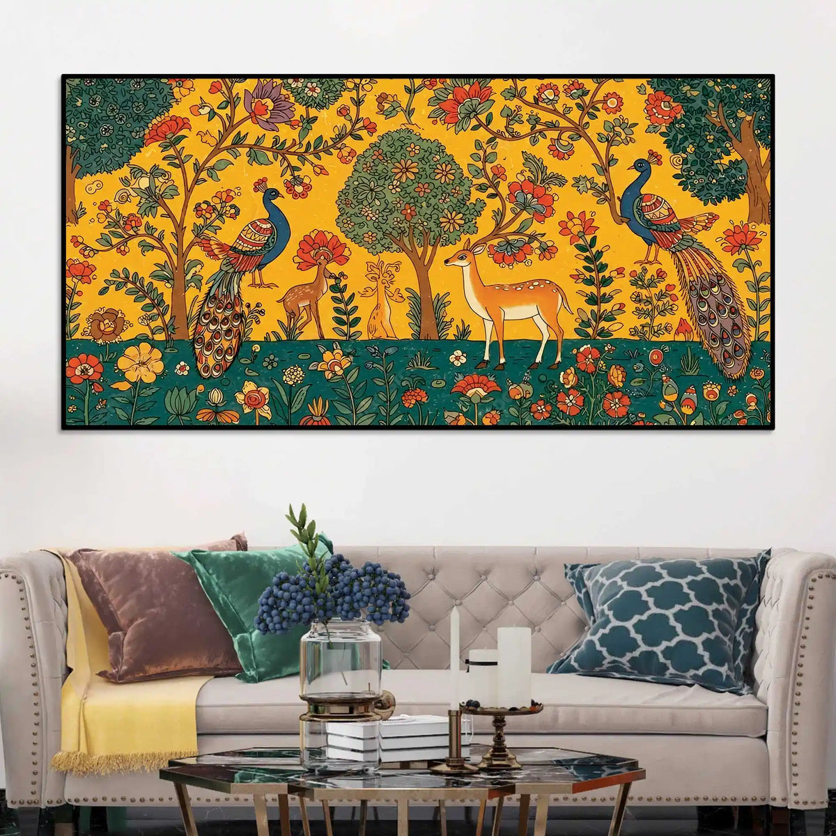 Ethereal Peacock and Deer Indian Folk Art Canvas Wall Painting