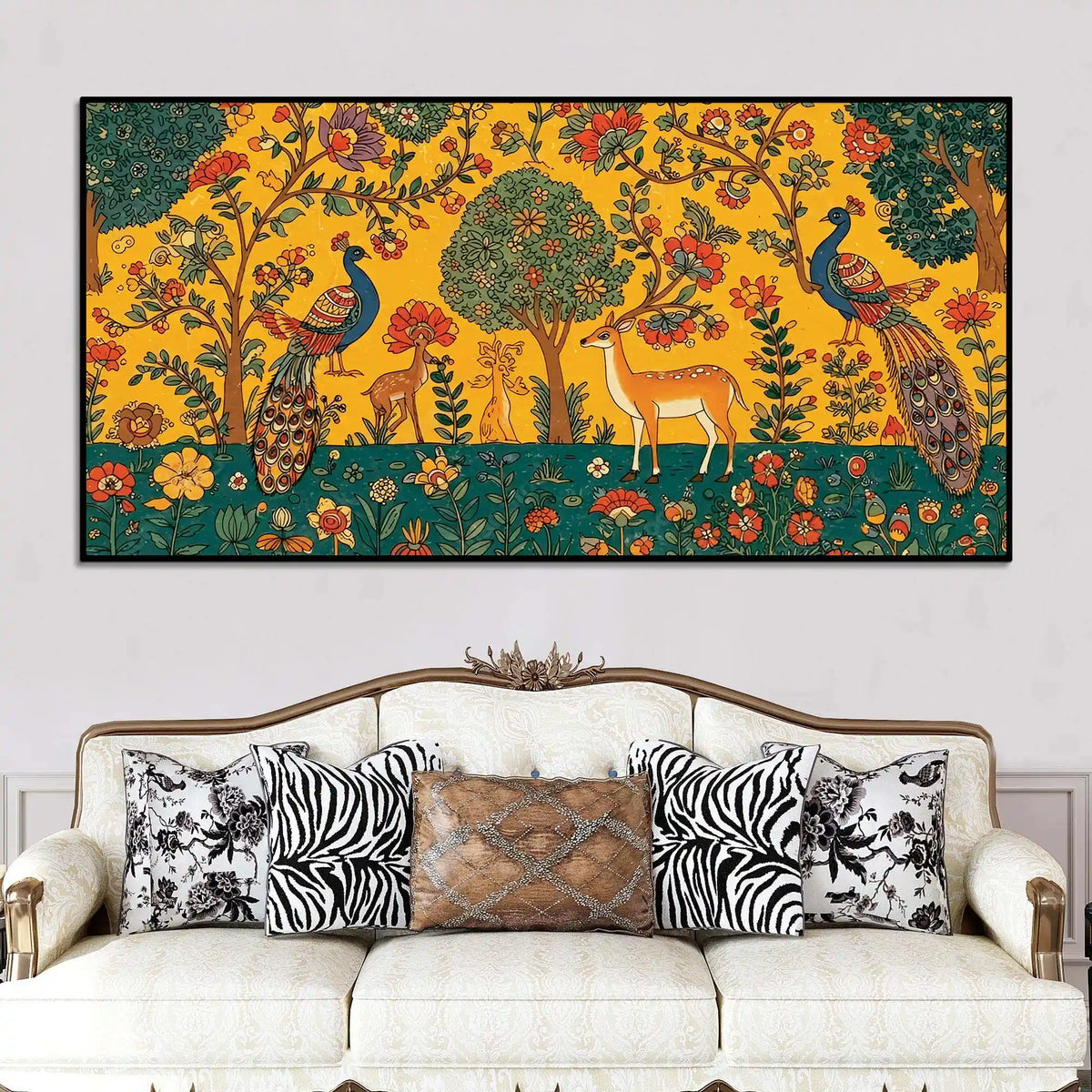 Ethereal Peacock and Deer Indian Folk Art Canvas Wall Painting