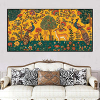 Ethereal Peacock and Deer Indian Folk Art Canvas Wall Painting
