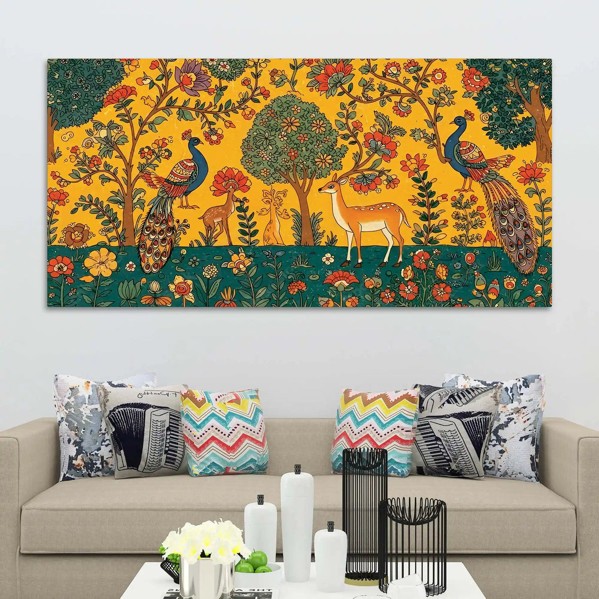 Ethereal Peacock and Deer Indian Folk Art Canvas Wall Painting