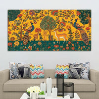 Ethereal Peacock and Deer Indian Folk Art Canvas Wall Painting