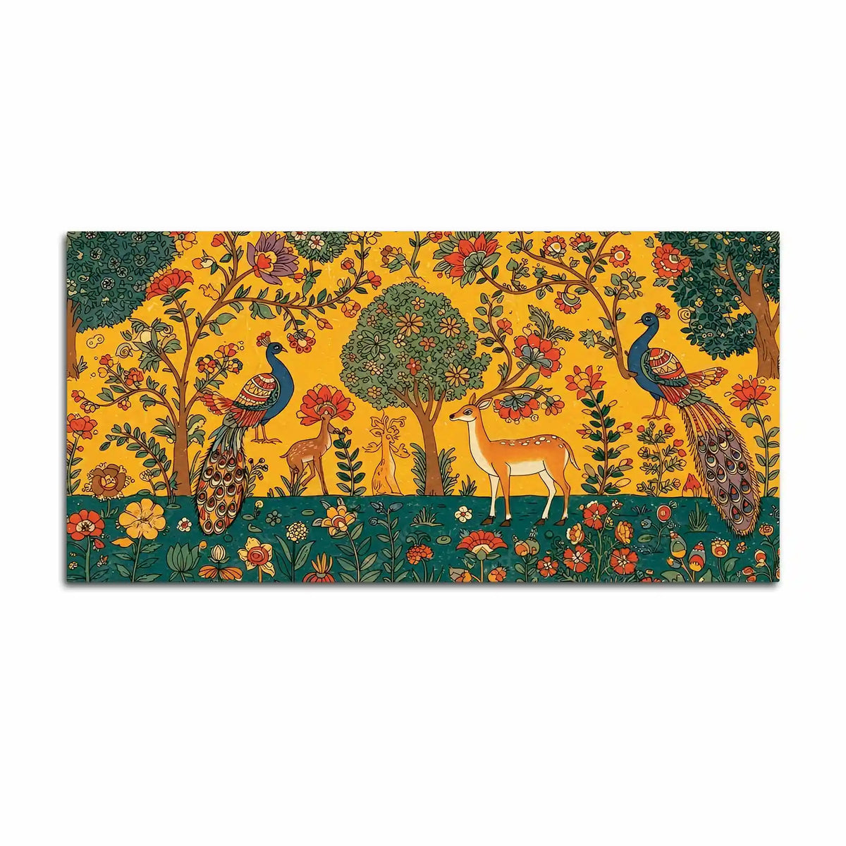 Ethereal Peacock and Deer Indian Folk Art Canvas Wall Painting