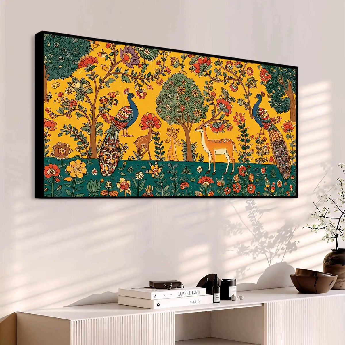 Ethereal Peacock and Deer Indian Folk Art Canvas Wall Painting